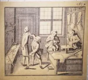 Zeichnung: Blick in eine Schneiderstube